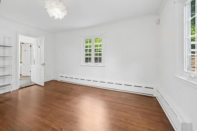 51 Valley Rd, Larchmont, NY 10538 - unfurnished room featuring baseboard heating, dark wood finished floors, and ornamental molding