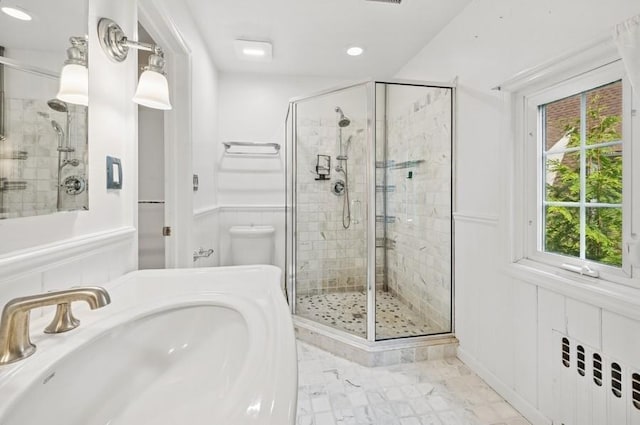 51 Valley Rd, Larchmont, NY 10538 - full bathroom featuring a shower stall, a decorative wall, a wainscoted wall, recessed lighting, and marble finish flooring
