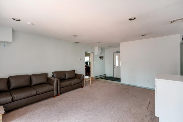 93 W 6th St, Ronkonkoma, NY 11779 - living room with a baseboard radiator, light colored carpet, visible vents, and recessed lighting