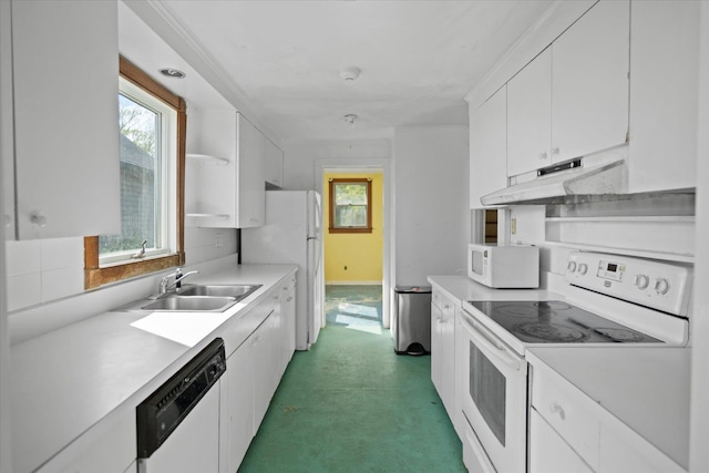 kitchen featuring white appliances, a sink, under cabinet range hood, open shelves, and white cabinets