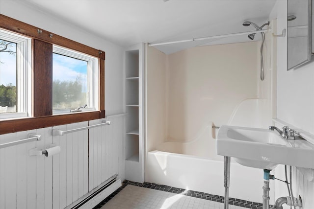 bathroom with tile patterned flooring and  shower combination