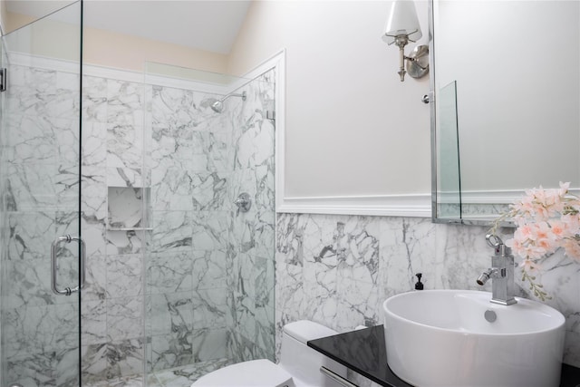 3 Clay Pit Rd, Remsenburg, NY 11960 - full bathroom with backsplash, toilet, vanity, and a marble finish shower