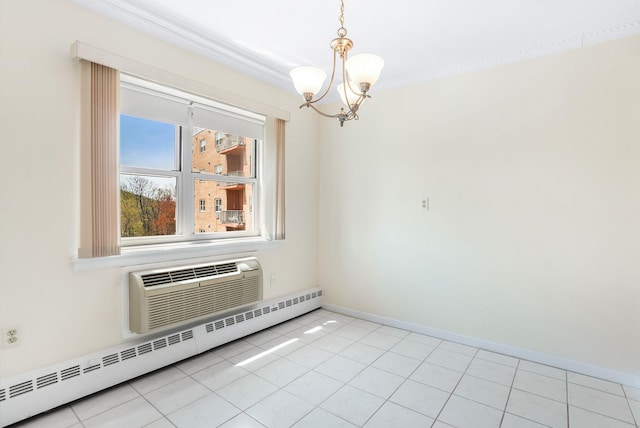 unfurnished dining area featuring an inviting chandelier, a baseboard heating unit, baseboards, light tile patterned flooring, and crown molding