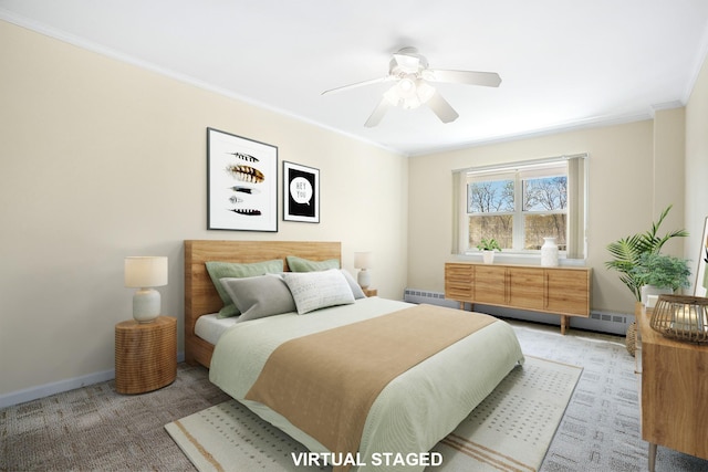 bedroom with ornamental molding, a ceiling fan, and baseboards