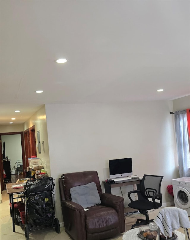 17709 112th Ave, Addisleigh Park, NY 11433 - living area featuring recessed lighting, light tile patterned floors, and washer / clothes dryer