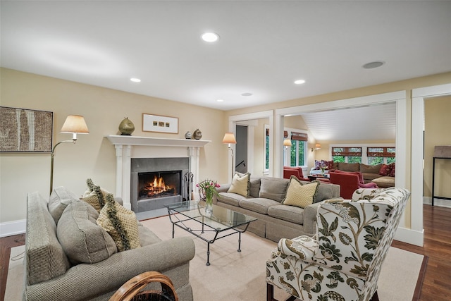 17 Eastwoods Rd, Pound Ridge, NY 10576 - living room featuring a fireplace with flush hearth, wood finished floors, recessed lighting, and baseboards