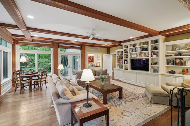 17 Eastwoods Rd, Pound Ridge, NY 10576 - living area featuring beamed ceiling, light wood-style floors, ceiling fan, recessed lighting, and coffered ceiling