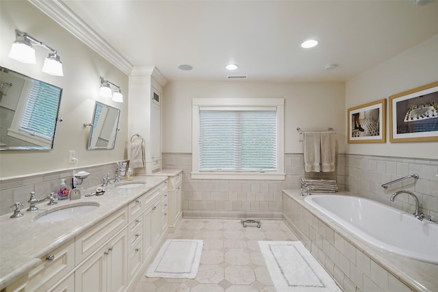 17 Eastwoods Rd, Pound Ridge, NY 10576 - full bath with a bath, double vanity, tile patterned floors, a wainscoted wall, and tile walls
