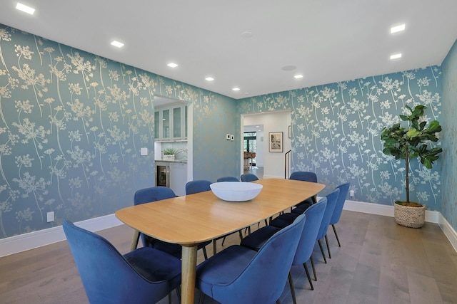 165 Valley Rd, New Rochelle, NY 10804 - dining room with wood finished floors, baseboards, wallpapered walls, and recessed lighting