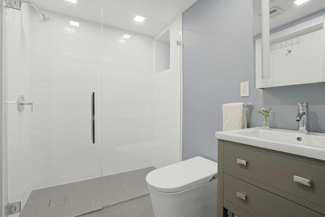 165 Valley Rd, New Rochelle, NY 10804 - full bathroom featuring visible vents, toilet, vanity, tile patterned floors, and tiled shower
