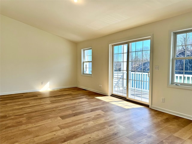spare room featuring a wealth of natural light, wood finished floors, and baseboards