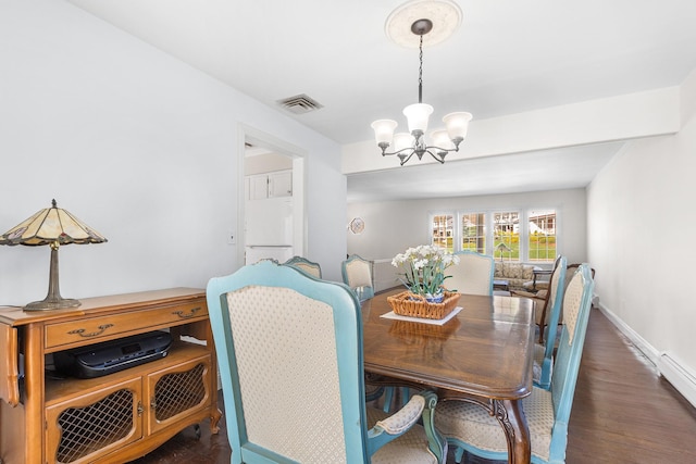 927 Mica Ct, Valley Cottage, NY 10989 - dining area featuring visible vents, baseboards, an inviting chandelier, a baseboard radiator, and wood finished floors