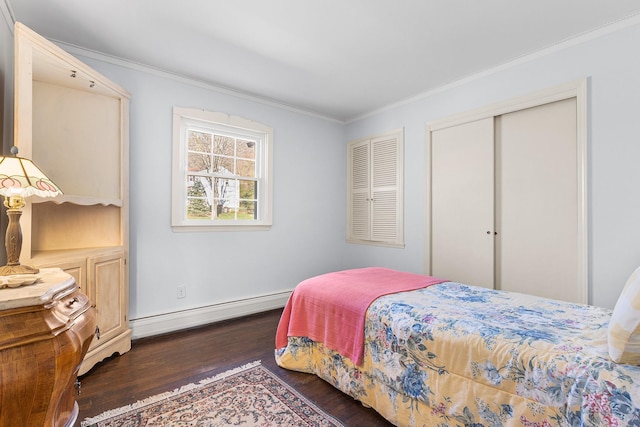 927 Mica Ct, Valley Cottage, NY 10989 - bedroom with crown molding, a closet, a baseboard heating unit, and dark wood finished floors