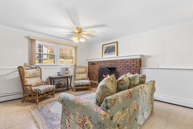927 Mica Ct, Valley Cottage, NY 10989 - tiled living area featuring baseboard heating, a baseboard heating unit, crown molding, a ceiling fan, and a brick fireplace