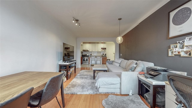 69-40 Yellowstone Blvd Unit 620, Forest Hills, NY 11375 - living room featuring light wood finished floors, vaulted ceiling, and arched walkways