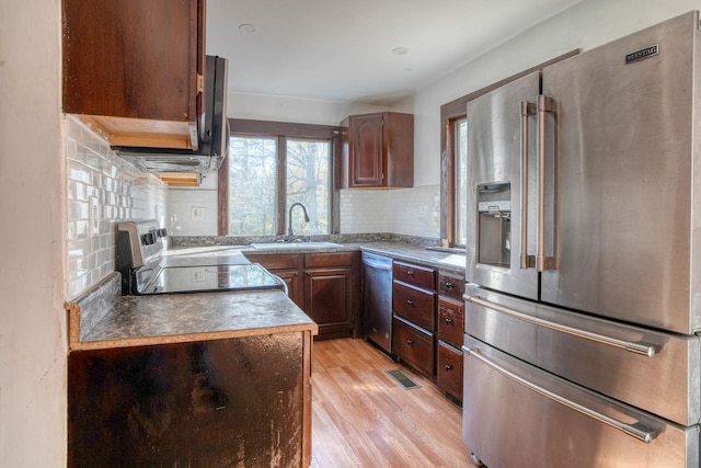 58 Summitville Rd, Wurtsboro, NY 12790 - kitchen with appliances with stainless steel finishes, light wood-type flooring, visible vents, decorative backsplash, and a sink