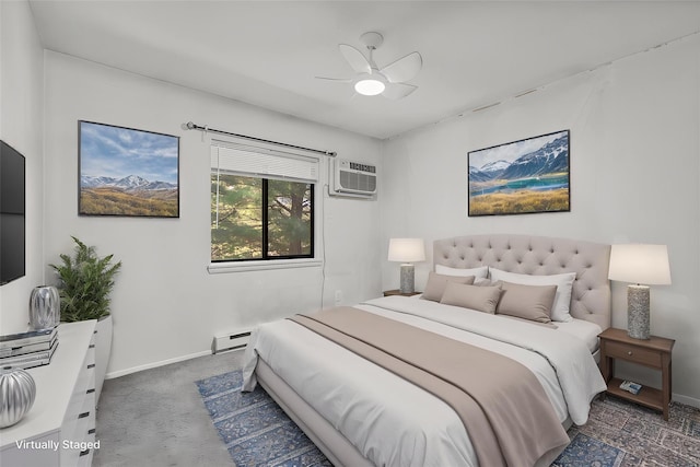 carpeted bedroom featuring an AC wall unit, baseboards, a ceiling fan, and a baseboard radiator