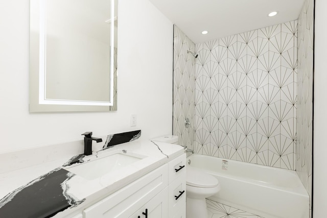 38 Melody Ln, Amityville, NY 11701 - full bathroom featuring toilet, vanity, shower / washtub combination, and recessed lighting