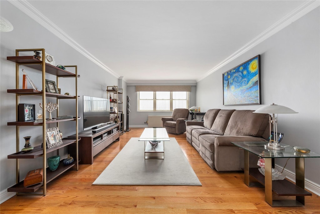 102-30 66th Rd Unit 11B, Forest Hills, NY 11375 - living area featuring ornamental molding, baseboards, and wood finished floors