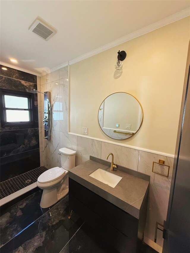 full bath with toilet, tile walls, visible vents, marble finish floor, and crown molding