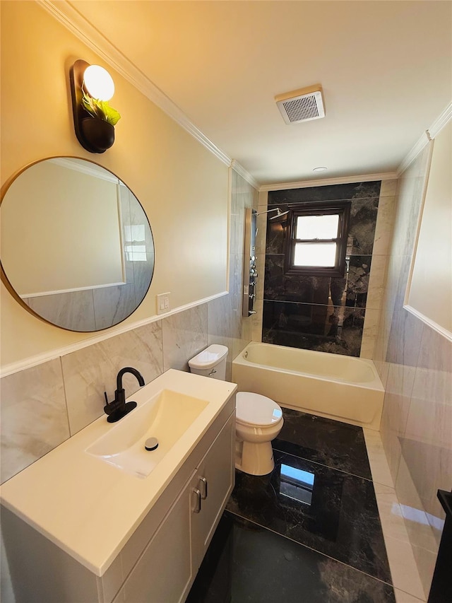 full bathroom with tile walls, visible vents, ornamental molding, and toilet