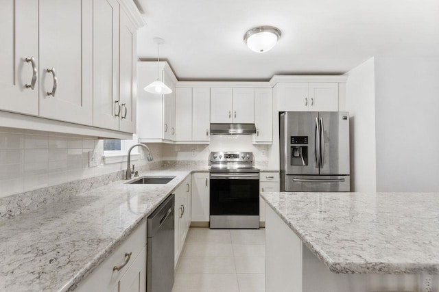 kitchen with stainless steel appliances, a sink, under cabinet range hood, white cabinets, and light tile patterned floors