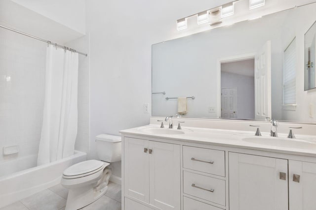 bathroom with toilet, tile patterned floors, shower / bath combo, and double vanity