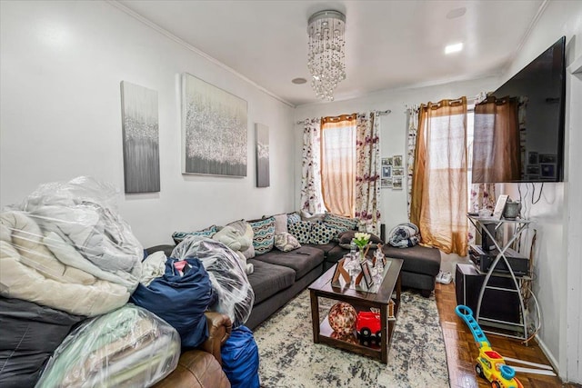 living room featuring ornamental molding and baseboards