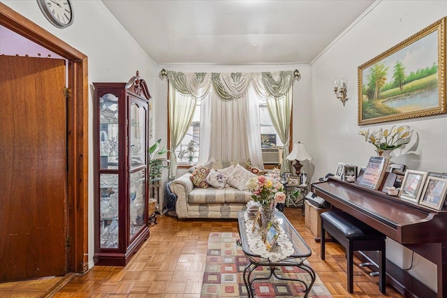 living area with crown molding