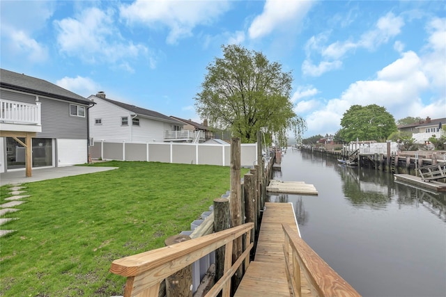 dock featuring a water view and a patio