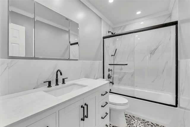 full bath featuring enclosed tub / shower combo, vanity, toilet, tile walls, and recessed lighting