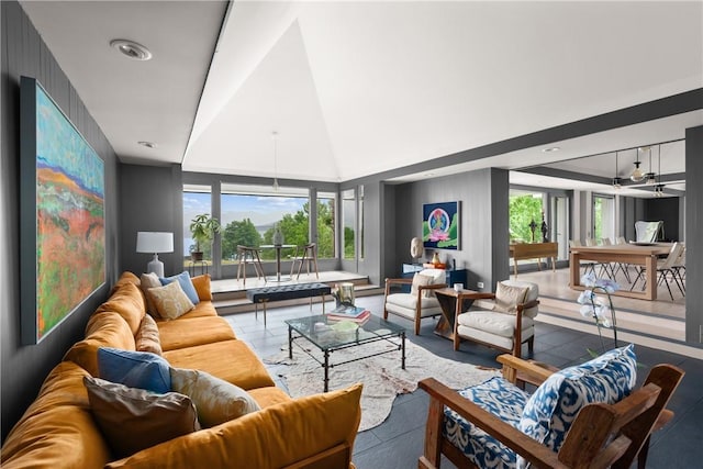 living room featuring a high ceiling