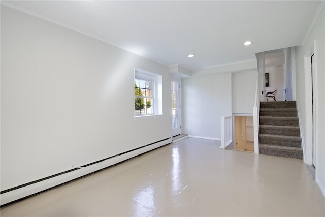 unfurnished room featuring finished concrete flooring, recessed lighting, a baseboard heating unit, and stairway