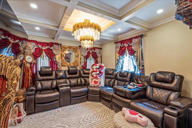 25 Snyder St, Patchogue, NY 11772 - cinema room featuring coffered ceiling, ornamental molding, beam ceiling, and an inviting chandelier