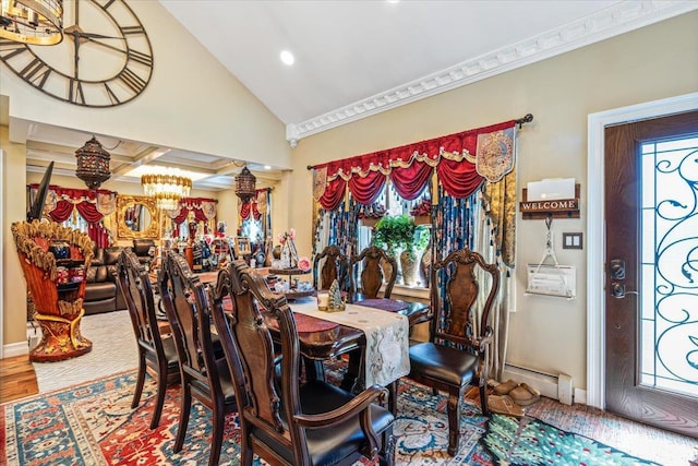 25 Snyder St, Patchogue, NY 11772 - dining space with a baseboard heating unit, baseboards, a chandelier, recessed lighting, and lofted ceiling
