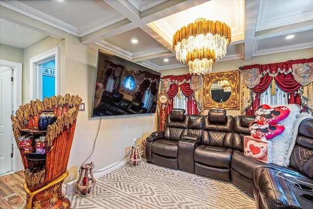 25 Snyder St, Patchogue, NY 11772 - home theater featuring baseboards, an inviting chandelier, ornamental molding, beam ceiling, and coffered ceiling
