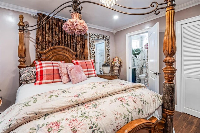 25 Snyder St, Patchogue, NY 11772 - bedroom featuring crown molding, a closet, ensuite bath, recessed lighting, and wood finished floors