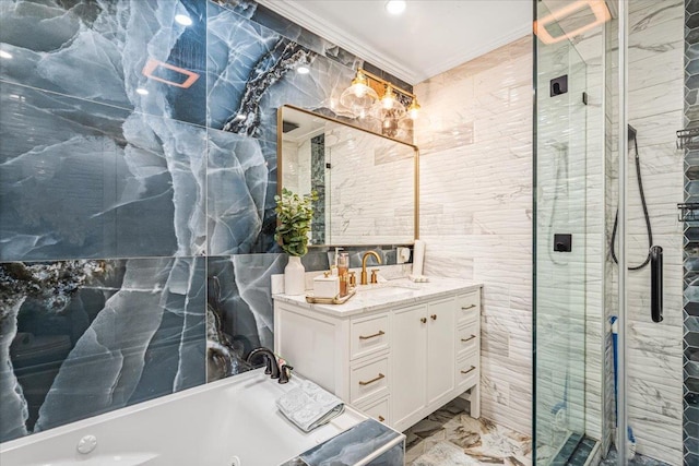 25 Snyder St, Patchogue, NY 11772 - full bathroom featuring vanity, ornamental molding, a bathing tub, a shower stall, and tile walls