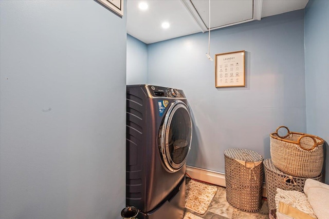 25 Snyder St, Patchogue, NY 11772 - laundry area with washer / clothes dryer, attic access, and laundry area