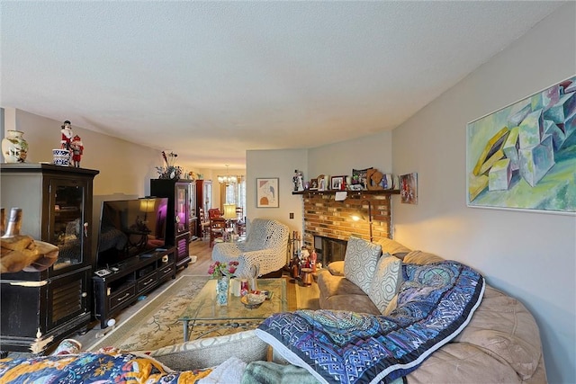 living room with wood finished floors and a notable chandelier