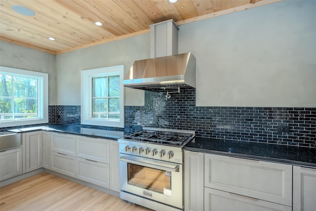 139A N Ferry Rd, Shelter Island, NY 11964 - kitchen featuring high end stainless steel range, extractor fan, wooden ceiling, recessed lighting, and tasteful backsplash