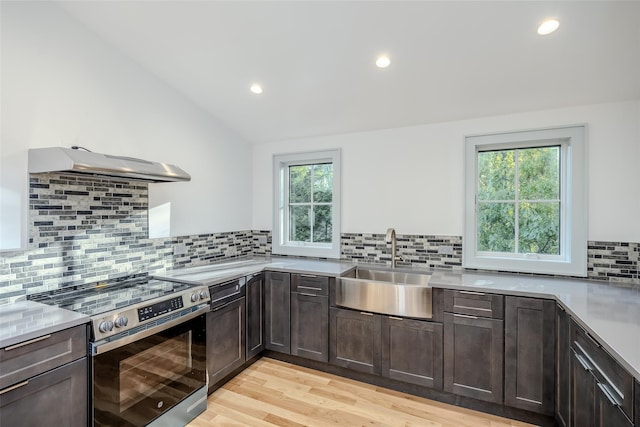 139A N Ferry Rd, Shelter Island, NY 11964 - kitchen featuring stainless steel range with electric cooktop, under cabinet range hood, a sink, light countertops, and healthy amount of natural light