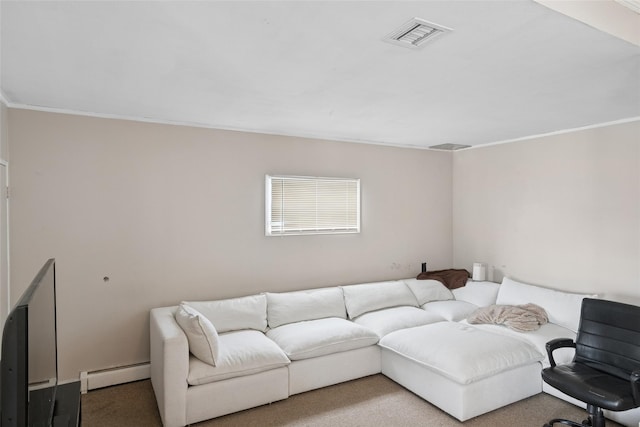 living room with baseboard heating, crown molding, visible vents, and carpet