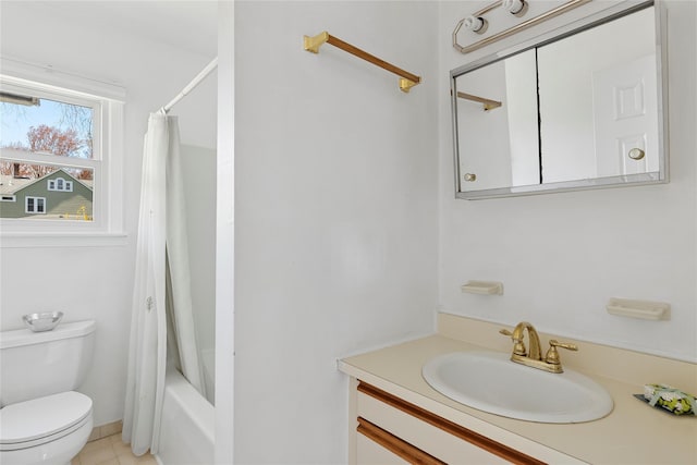 full bathroom featuring toilet, vanity, and shower / bathtub combination with curtain