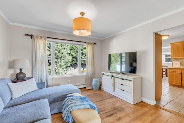 living room featuring a baseboard radiator, crown molding, baseboards, and light wood-style floors