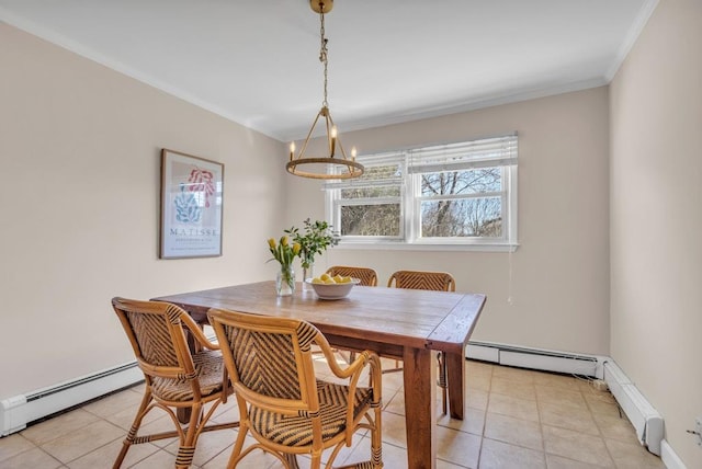 dining space with light tile patterned floors, an inviting chandelier, and baseboard heating