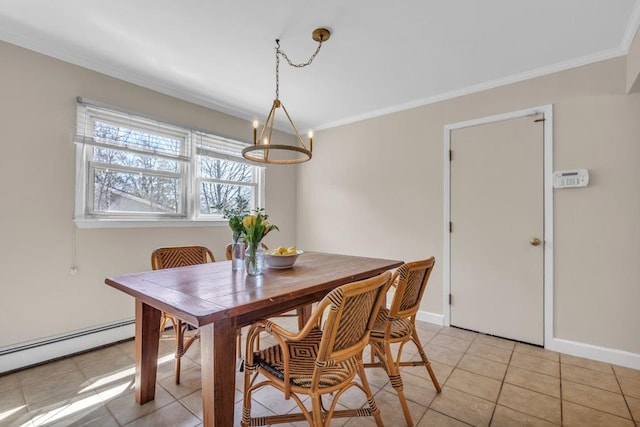 dining room with baseboards, an inviting chandelier, light tile patterned floors, crown molding, and a baseboard radiator