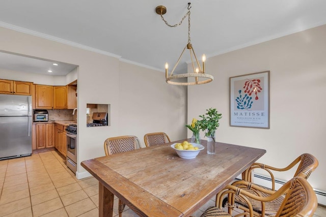 dining space featuring light tile patterned flooring, ornamental molding, an inviting chandelier, and recessed lighting