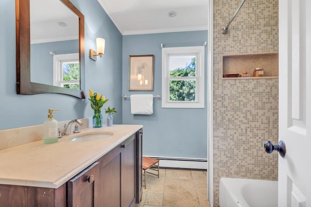 bathroom with ornamental molding, bathtub / shower combination, vanity, and baseboard heating
