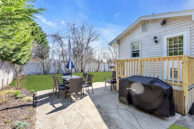 view of patio / terrace featuring a fenced backyard, outdoor dining space, and area for grilling
